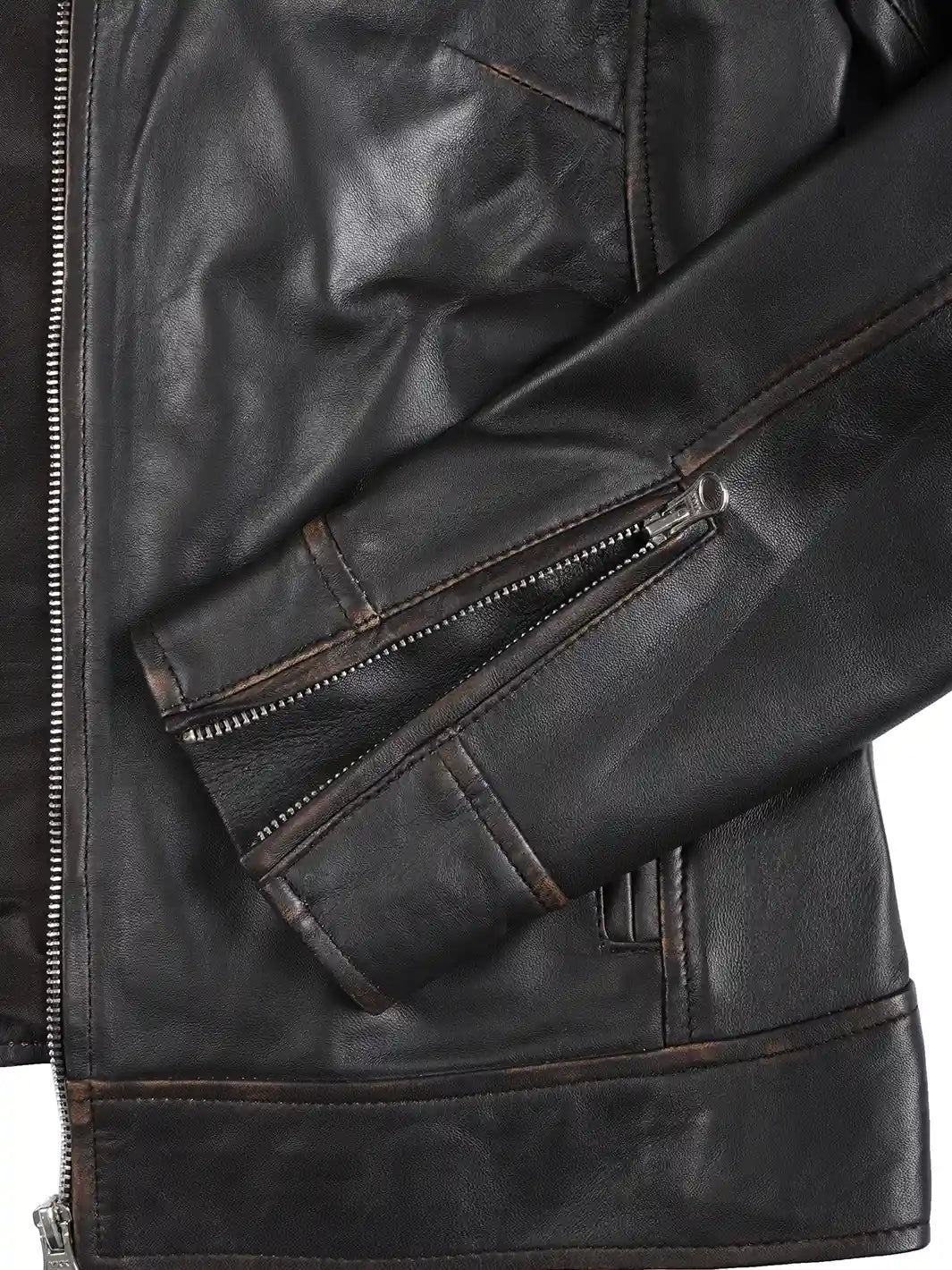 Close-up of a dark leather jacket with a zipper pocket on a white background