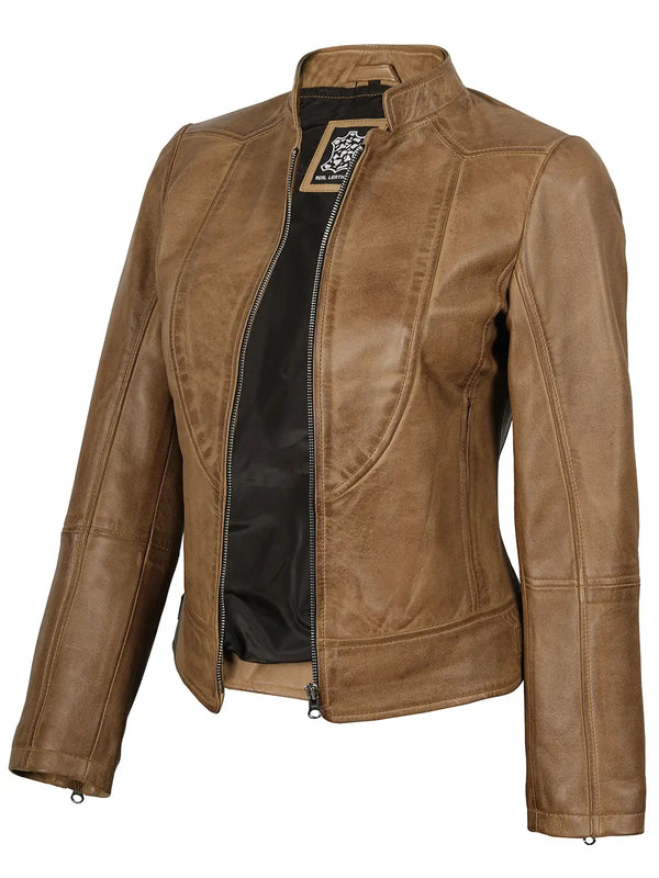 Amy Womens Camel Leather Moto Jacket