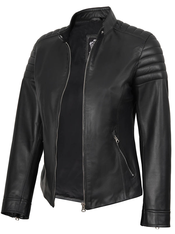 Black Cafe Racer Leather Jacket Womens 