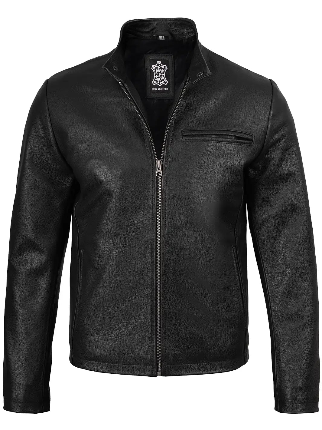Black Cowhide Leather Biker Jacket for Men