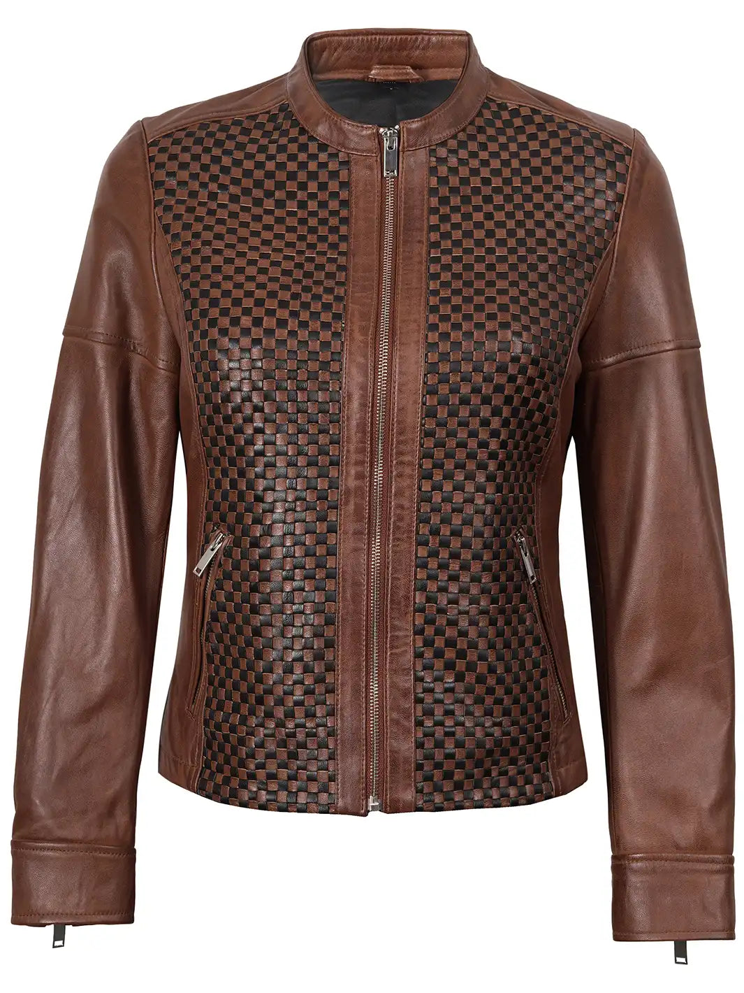 Brown Textured Cafe Racer Leather Jackets Womens