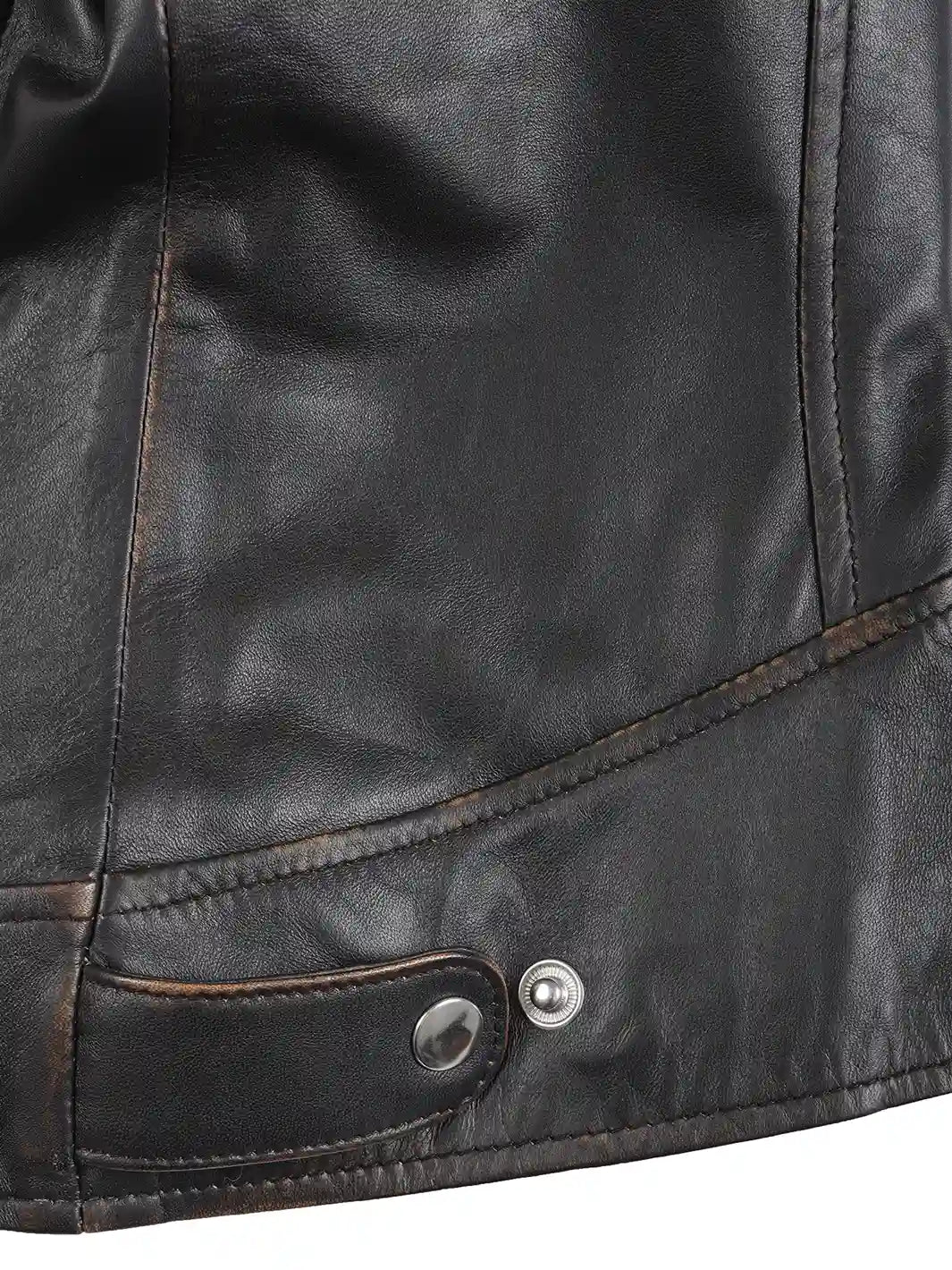 Close-up of a black leather jacket with stitching details