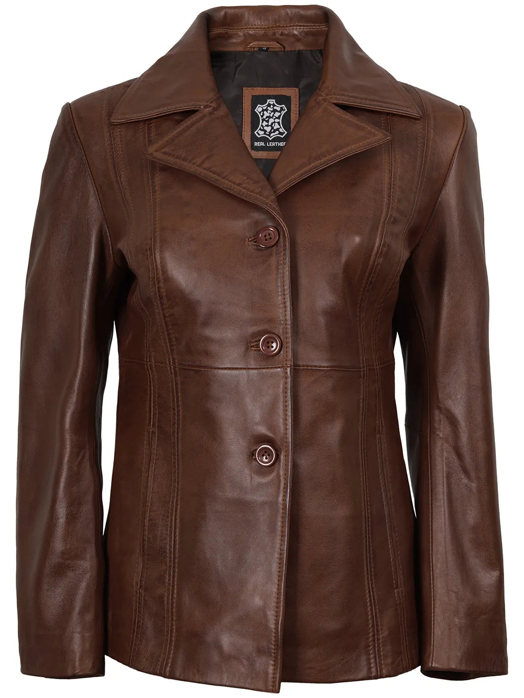 Cognac Brown Leather Blazer for Women