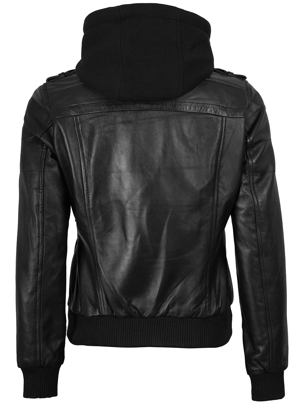 Edinburgh Bomber Black Leather Jacket with Removable Hood Womens