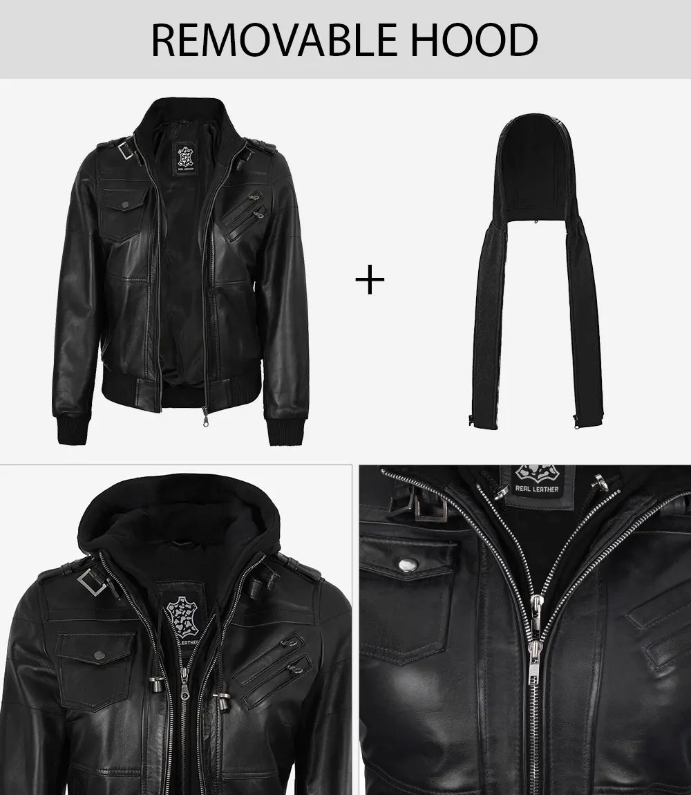 Edinburgh Womens Bomber Black Leather Jacket with Removable Hood