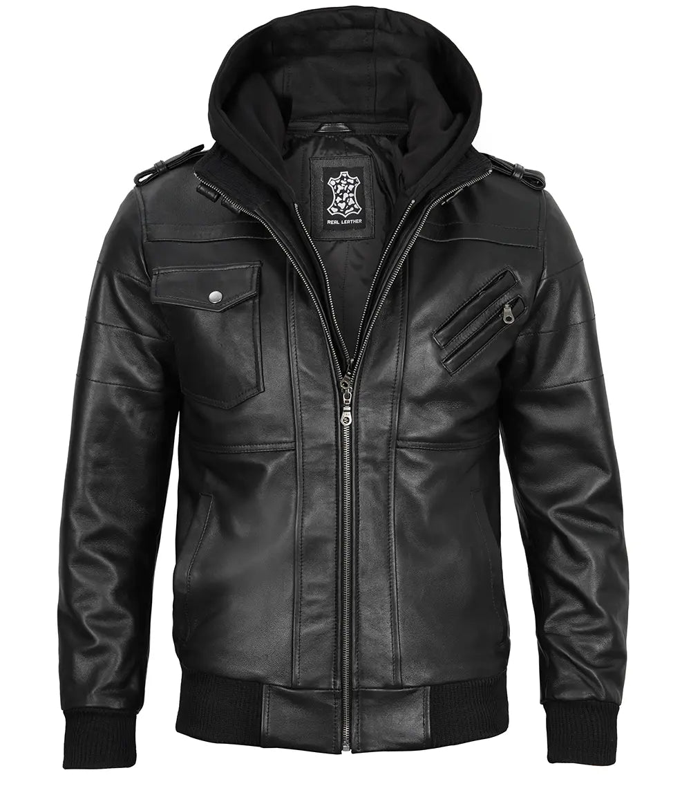 Hooded real leather black jacket