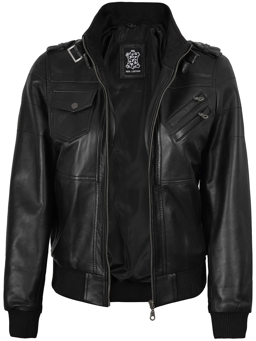 Womens Bomber Black Leather Jacket with Removable Hood Edinburgh
