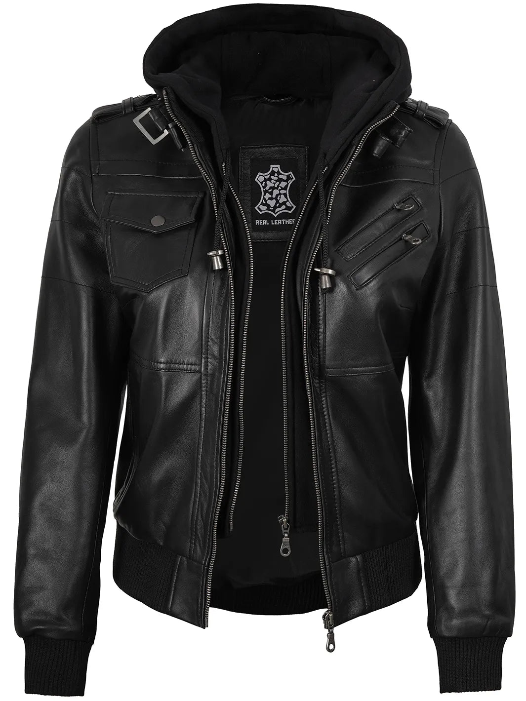 Womens Hooded Leather Jacket Bomber