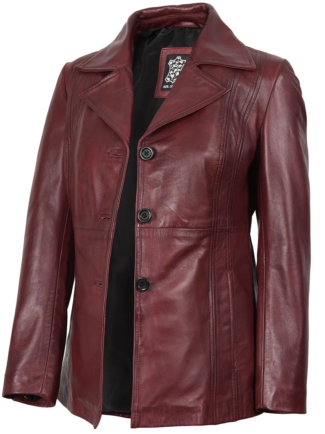 Womens Leather Burgundy Blazer Three Button
