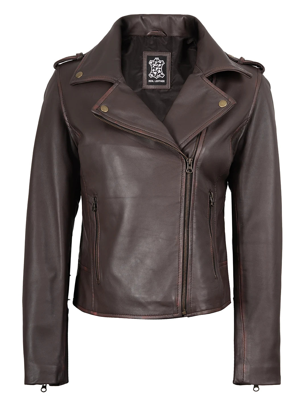 womens biker jacket dark brown